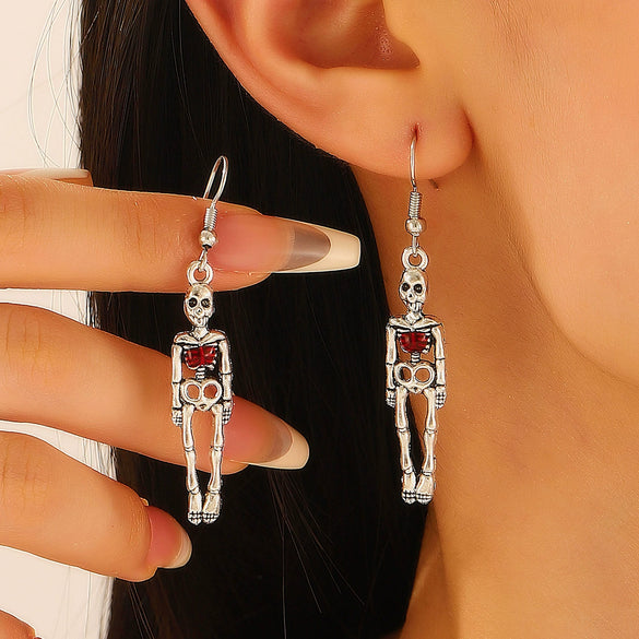 Retro Exaggerated Alloy Earrings With Gothic Horror Skull Heart And Geometric Pattern Electroplated