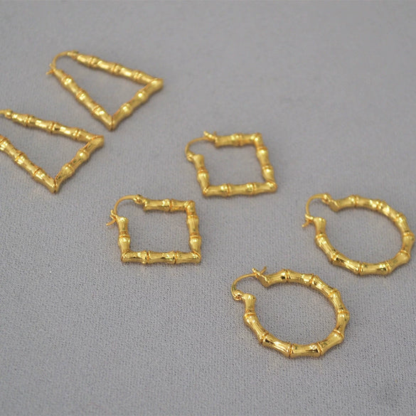 Retro Exaggerated Geometric Earrings For Women Copper Gold Plated With Bamboo Texture Elegant Modern Statement Jewelry