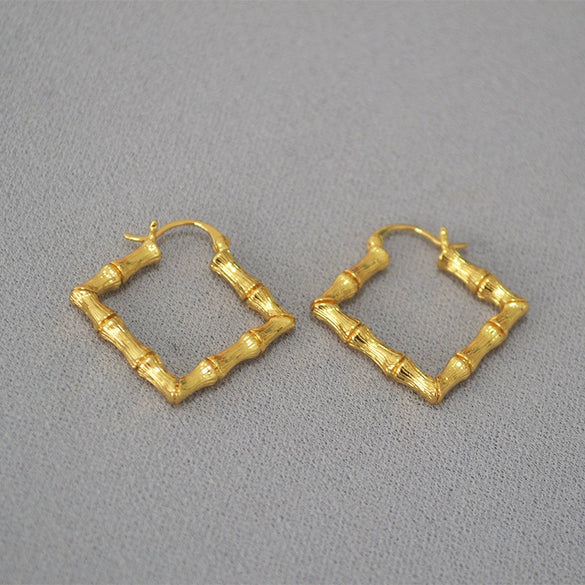 Retro Exaggerated Geometric Earrings For Women Copper Gold Plated With Bamboo Texture Elegant Modern Statement Jewelry