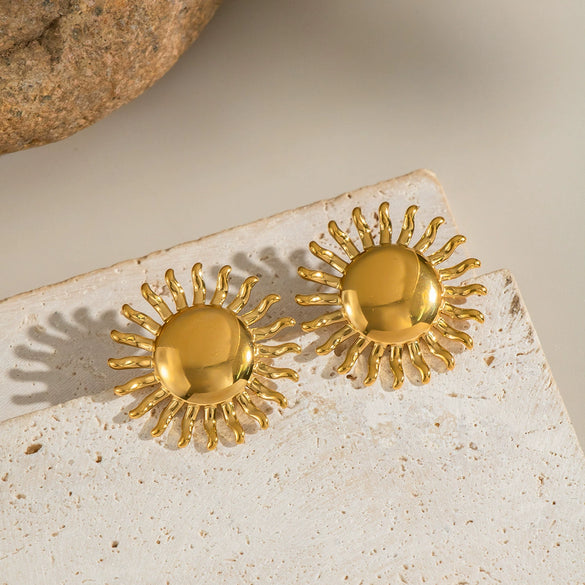 Retro Exaggerated Glossy Polished Geometric Stainless Steel Electroplated Sun Earrings For Women