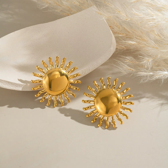 Retro Exaggerated Glossy Polished Geometric Stainless Steel Electroplated Sun Earrings For Women