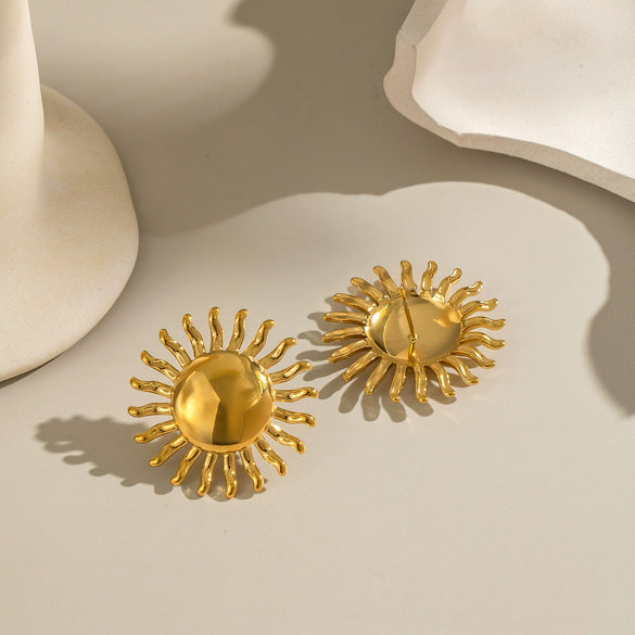 Retro Exaggerated Glossy Polished Geometric Stainless Steel Electroplated Sun Earrings For Women