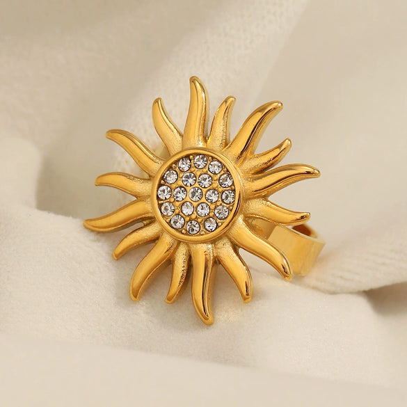Retro Exaggerated Stainless Steel Open Ring With Geometric Zircon And 18K Gold Plated Electroplating