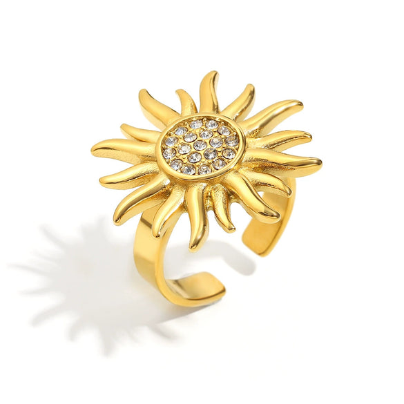 Retro Exaggerated Stainless Steel Open Ring With Geometric Zircon And 18K Gold Plated Electroplating