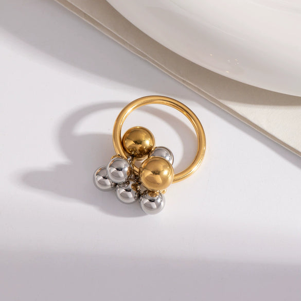 Retro Exquisite All Match Ins Design Stainless Steel Geometric Ball Ring Pvd Furnace Vacuum Real Gold Plated Unisex Adjustable Ring