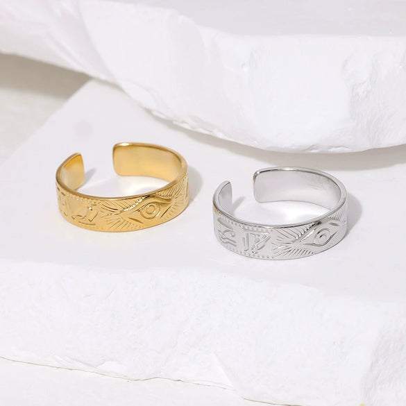 Retro Eye Of Horus Stainless Steel Open Ring With 18K Gold Plated Electroplating For Unisex