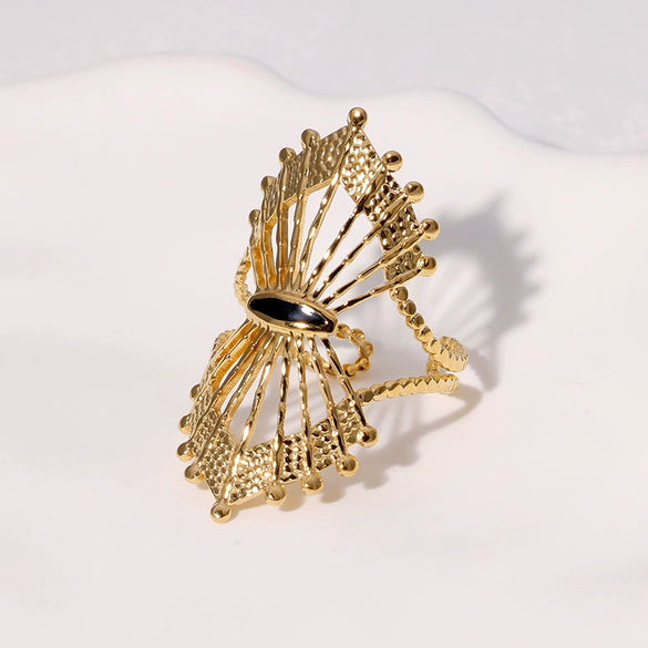 Retro Fanshaped Cut Out Stainless Steel Ring For Women Goldplated Electroplated