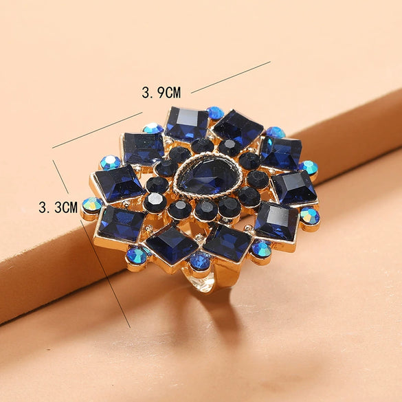 Retro Fashion Alloy Adjustable Open Ring With Drop Shaped Diamond Flower Design For Unisex