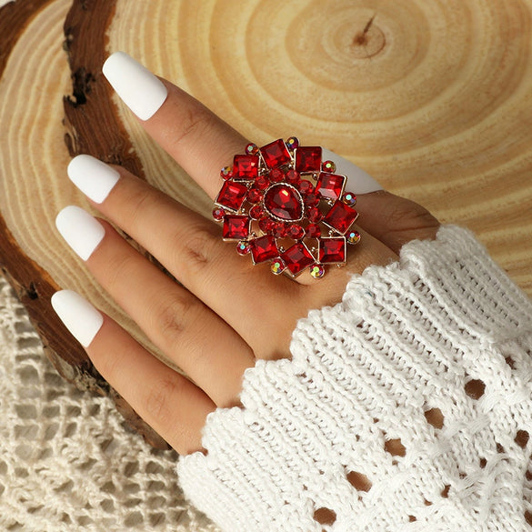 Retro Fashion Alloy Adjustable Open Ring With Drop Shaped Diamond Flower Design For Unisex