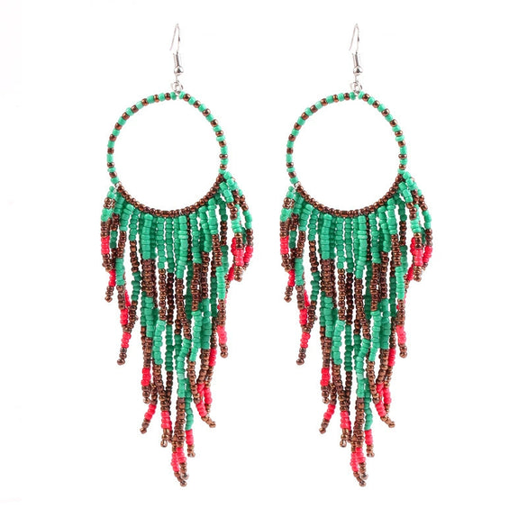 Retro Fashion Alloy Beaded Tassel Earrings Long Bohemian Style Dangle Earrings For Women