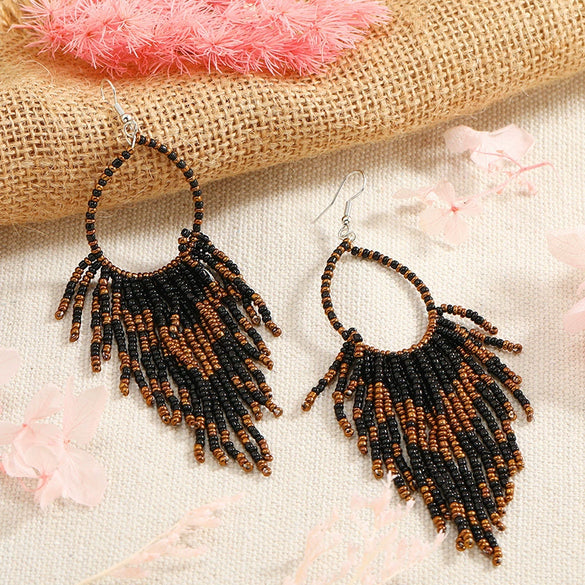 Retro Fashion Alloy Beaded Tassel Earrings Long Bohemian Style Dangle Earrings For Women