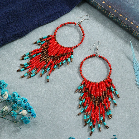 Retro Fashion Alloy Beaded Tassel Earrings Long Bohemian Style Dangle Earrings For Women