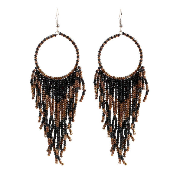 Retro Fashion Alloy Beaded Tassel Earrings Long Bohemian Style Dangle Earrings For Women
