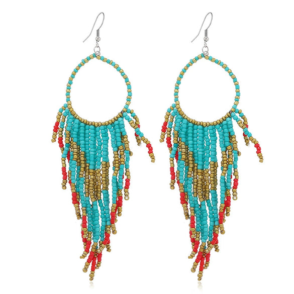 Retro Fashion Alloy Beaded Tassel Earrings Long Bohemian Style Dangle Earrings For Women