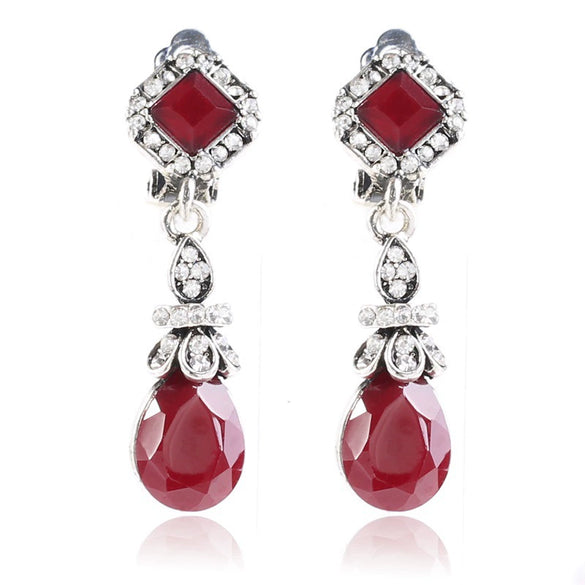 Retro Fashion Alloy Water Drop Clip On Earrings With Diamond Accents Geometric Bohemian Style Women's Jewelry