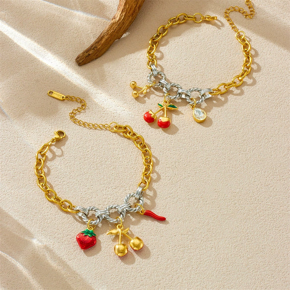 Retro Fashion Cherry Oil Drop Pendant Stainless Steel Bracelet With Animal Fruit Zodiac Pattern Electroplating For Women