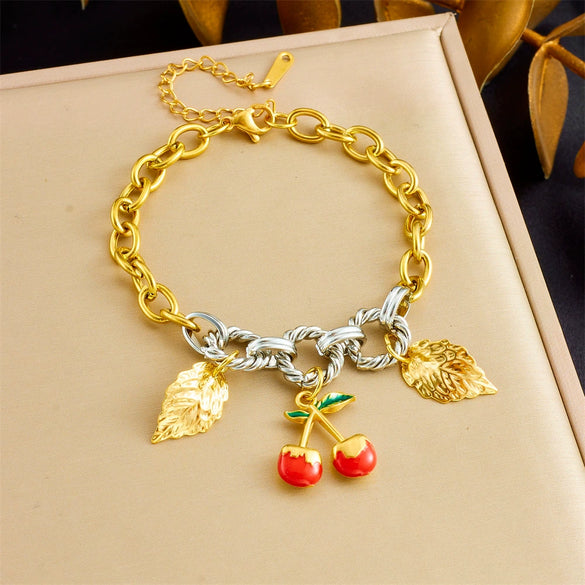Retro Fashion Cherry Oil Drop Pendant Stainless Steel Bracelet With Animal Fruit Zodiac Pattern Electroplating For Women