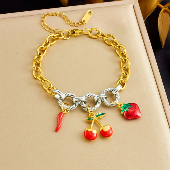 Retro Fashion Cherry Oil Drop Pendant Stainless Steel Bracelet With Animal Fruit Zodiac Pattern Electroplating For Women