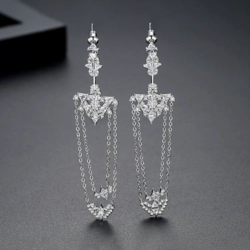 Retro Fashion Copper Geometric Chain Tassel Earrings With Inlaid Zircon For Women