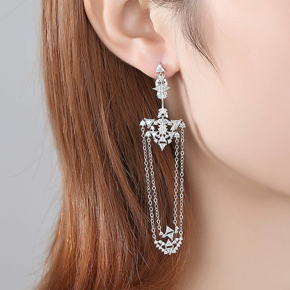 Retro Fashion Copper Geometric Chain Tassel Earrings With Inlaid Zircon For Women