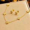 Retro Fashion Fourpetal Flower Stainless Steel Jewelry Set With Electroplating Design Chain Necklace Earrings Bracelet