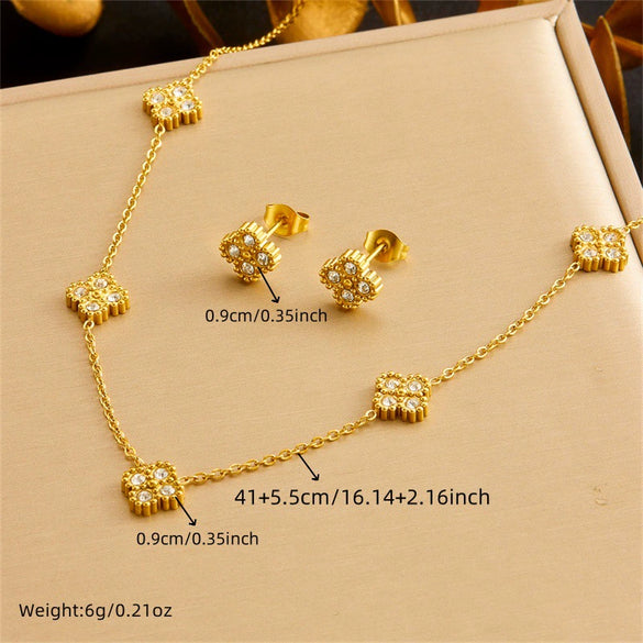 Retro Fashion Fourpetal Flower Stainless Steel Jewelry Set With Electroplating Design Chain Necklace Earrings Bracelet