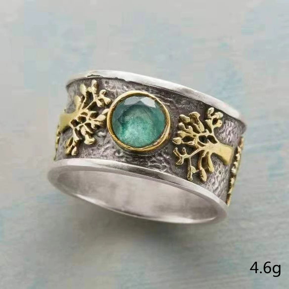 Retro Fashion Green Gemstone Ring With Tree Of Life And Constellation Design Alloy Electroplated Unisex Jewelry