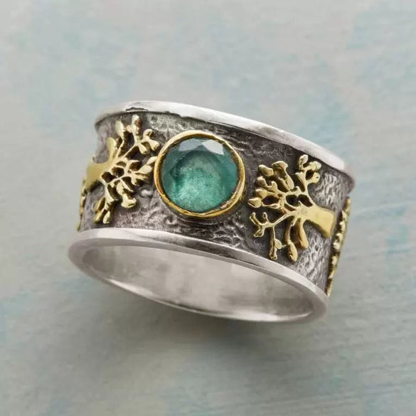 Retro Fashion Green Gemstone Ring With Tree Of Life And Constellation Design Alloy Electroplated Unisex Jewelry