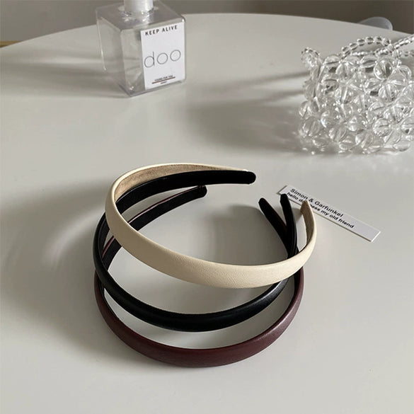 Retro Fashion Pu Leather Headband Chic French Elegant Solid Color Hair Band For Women