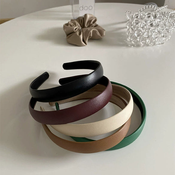 Retro Fashion Pu Leather Headband Chic French Elegant Solid Color Hair Band For Women