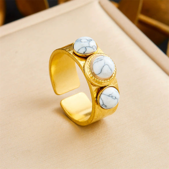 Retro Fashion Stainless Steel Gemstone Ring Plated With Gold Geometric Pattern For Women