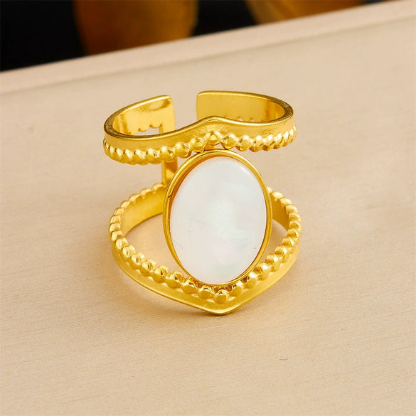Retro Fashion Stainless Steel Gemstone Ring Plated With Gold Geometric Pattern For Women