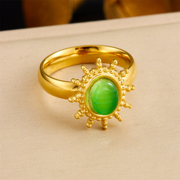 Retro Fashion Stainless Steel Gemstone Ring Plated With Gold Geometric Pattern For Women