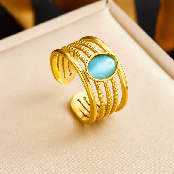 Retro Fashion Stainless Steel Gemstone Ring Plated With Gold Geometric Pattern For Women