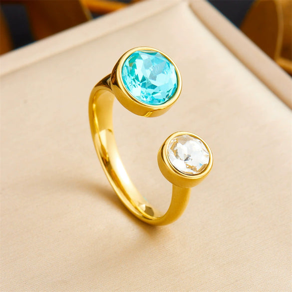 Retro Fashion Stainless Steel Gemstone Ring Plated With Gold Geometric Pattern For Women