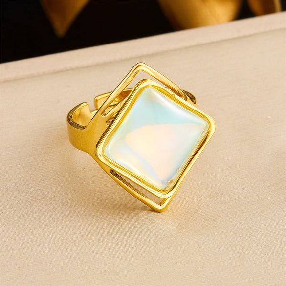 Retro Fashion Stainless Steel Gemstone Ring Plated With Gold Geometric Pattern For Women