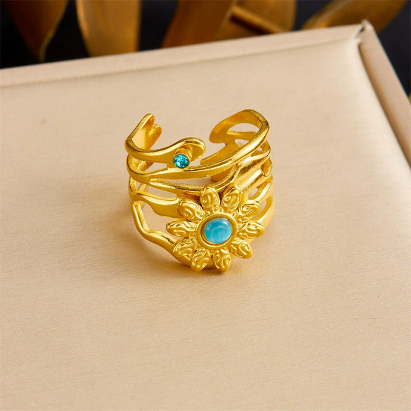 Retro Fashion Stainless Steel Gemstone Ring Plated With Gold Geometric Pattern For Women