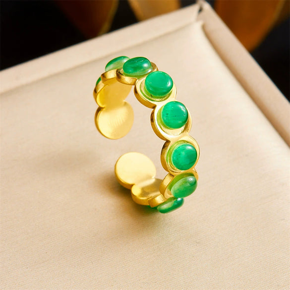 Retro Fashion Stainless Steel Gemstone Ring Plated With Gold Geometric Pattern For Women