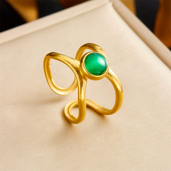 Retro Fashion Stainless Steel Gemstone Ring Plated With Gold Geometric Pattern For Women