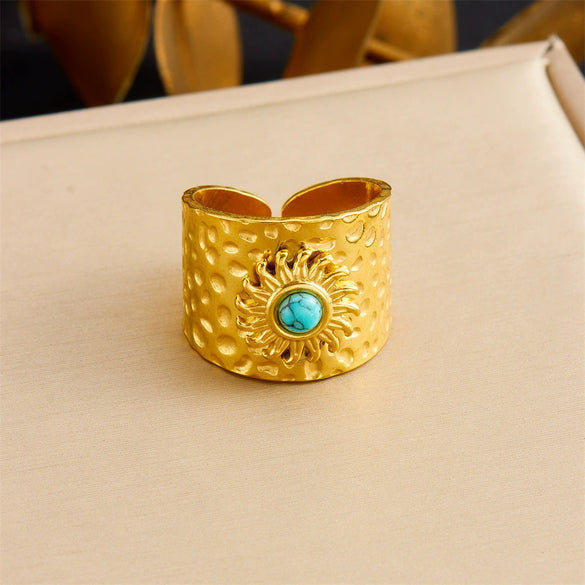 Retro Fashion Stainless Steel Gemstone Ring Plated With Gold Geometric Pattern For Women