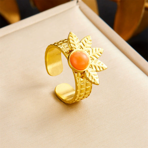 Retro Fashion Stainless Steel Gemstone Ring Plated With Gold Geometric Pattern For Women