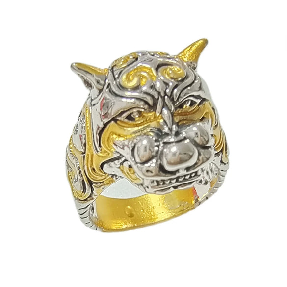 Retro Fashion Two Tone Leopard Head Ring Alloy Electroplated Geometric Animal Style Statement Ring For Unisex Wear
