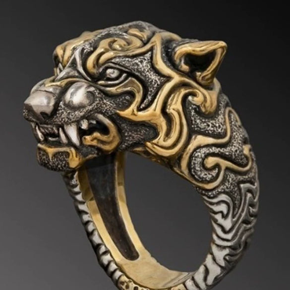 Retro Fashion Two Tone Leopard Head Ring Alloy Electroplated Geometric Animal Style Statement Ring For Unisex Wear