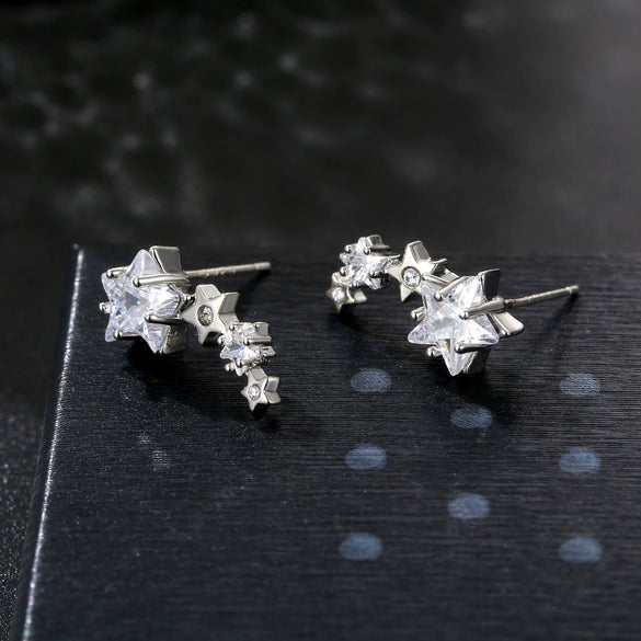 Retro Fashion Women's Copper Star Earrings With Plaid Acrylic Blue Embroidery And Zircon Inlay