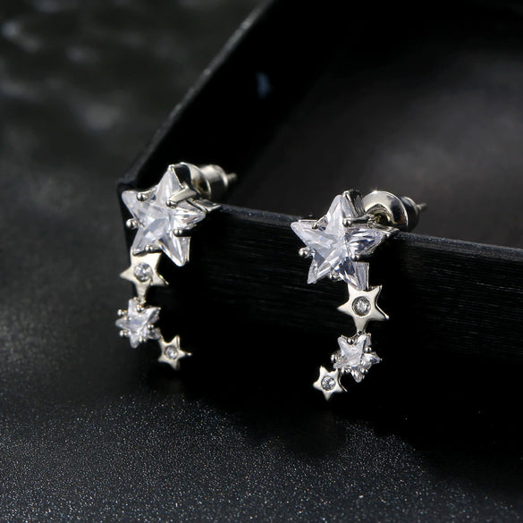Retro Fashion Women's Copper Star Earrings With Plaid Acrylic Blue Embroidery And Zircon Inlay