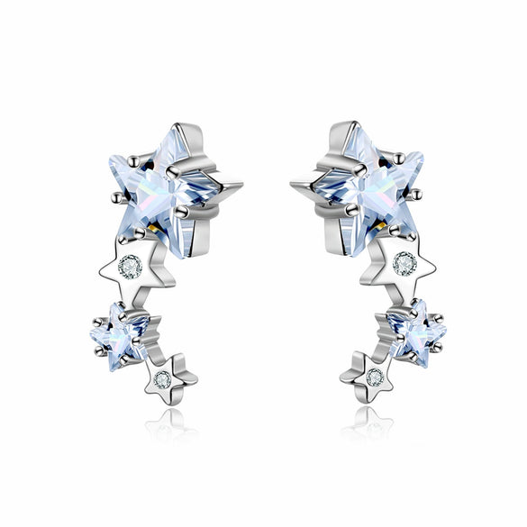 Retro Fashion Women's Copper Star Earrings With Plaid Acrylic Blue Embroidery And Zircon Inlay
