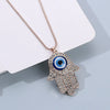 Retro Fatima Hand Peach Heart Round Alloy Pendant Full Diamond Electroplated Necklace With Devil's Eye Design