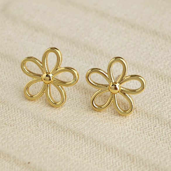Retro Fivepetal Flower Hollow Titanium Steel Earrings For Women With Electroplating