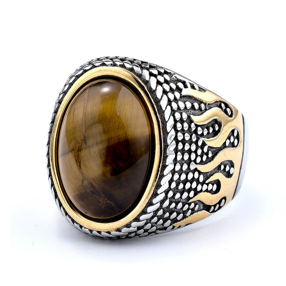Retro Flame Pattern Unisex Ring Titanium Steel With Tiger Eye Stone Inlaid And Geometric Design