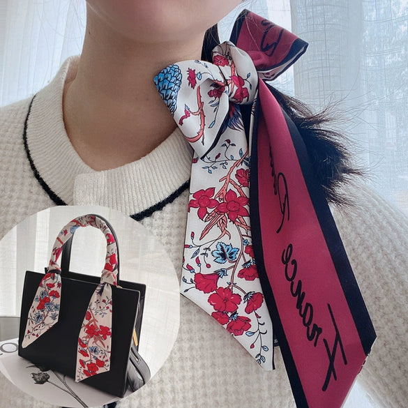 Retro Floral Parrot Print Narrow Long Silk Hair Scarf Elegant Hair Ribbon For Women